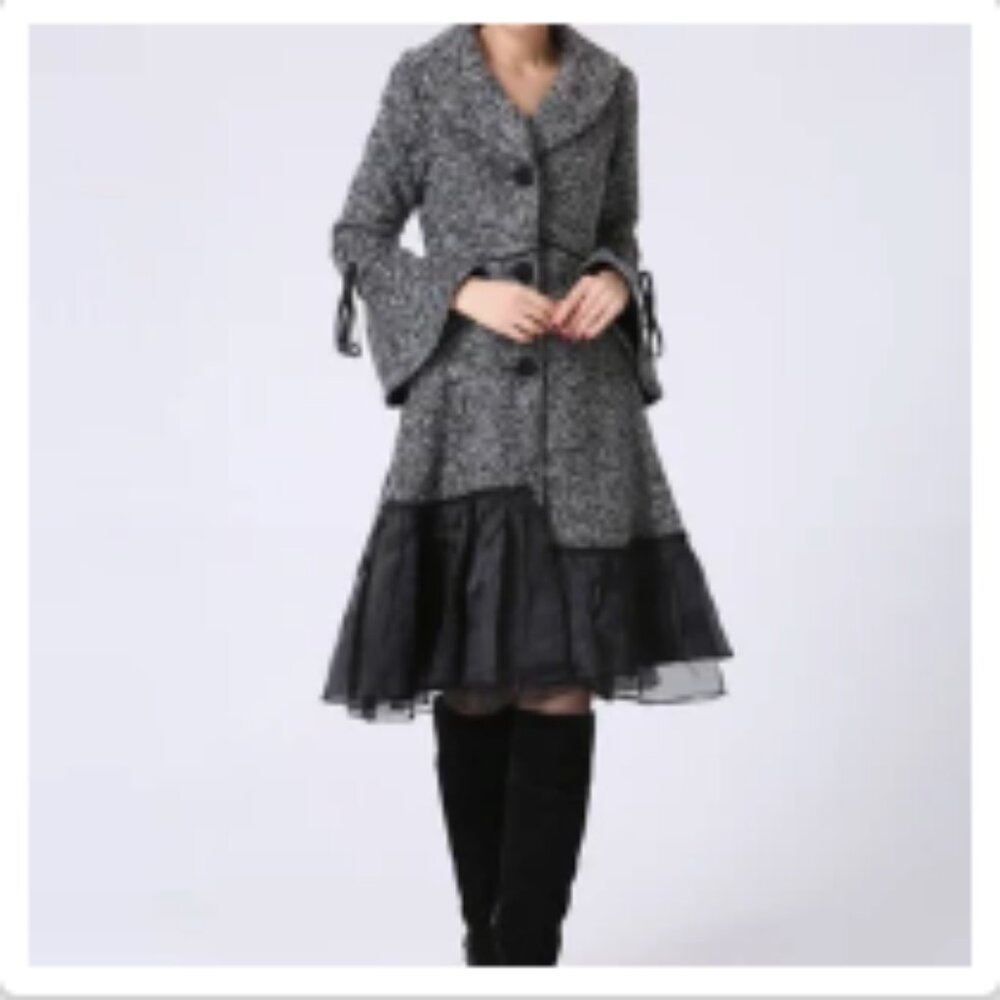 A-line Black/Grey Wool Blend Lined Coat Bell Cuffs, Ruffle Trim Hem